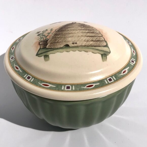 Pfaltzgraff Naturewood Votive Candle Bowl Trinket Dish Lid Beehive Bee Green 592 - Picture 2 of 16